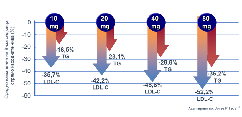 Sortis® eфективно намалява LDL-C и триглицеридите в целия дозов диапазон